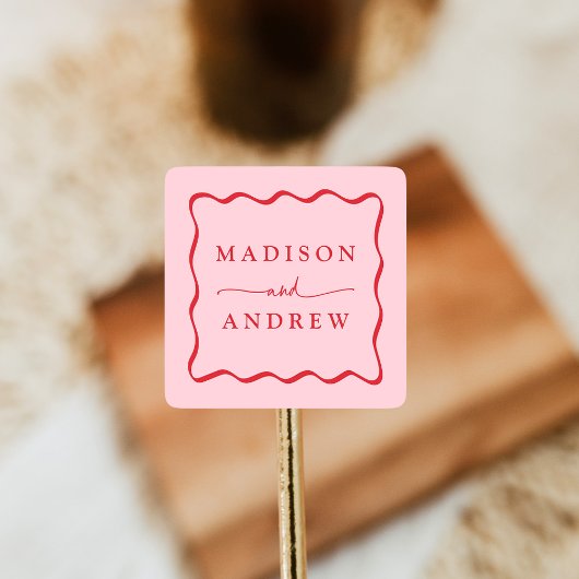 Modern Roze en Rode Golvende Lijst Bruiloft Vierkante Sticker