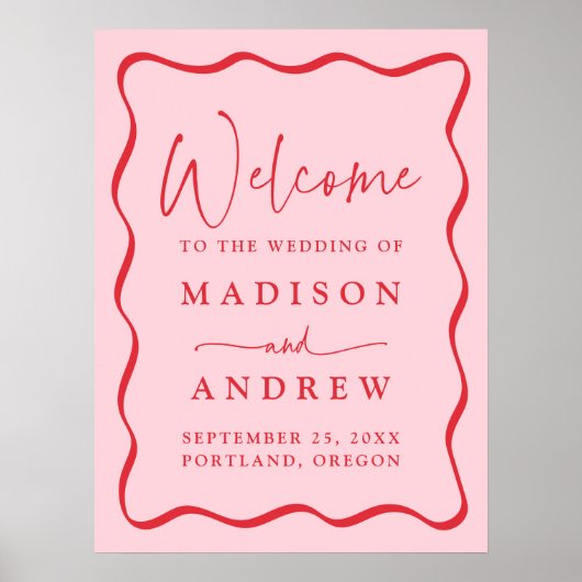 Modern Roze en Rode Golvende Lijst Bruiloft Welkom Poster (Voorkant)