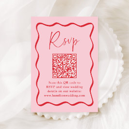 Modern Roze en Rode Golvende Lijst QR Code RSVP Informatiekaartje