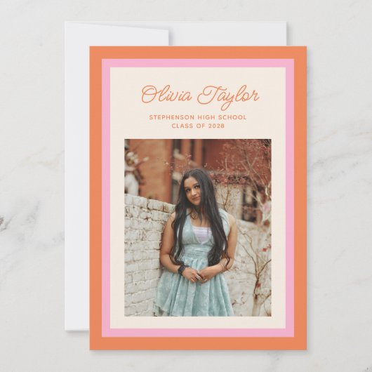 Modern Roze en Sinaasappel Border Photo Afstuderen Aankondiging (Voorkant)