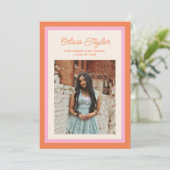 Modern Roze en Sinaasappel Border Photo Afstuderen Aankondiging (Staand voorkant)