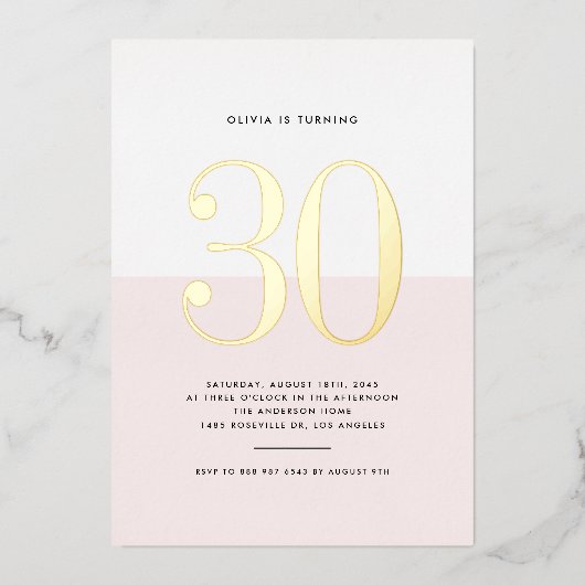 Modern Roze en Wit 30e Verjaardag Gouden folie Folie Uitnodiging (Voorkant)