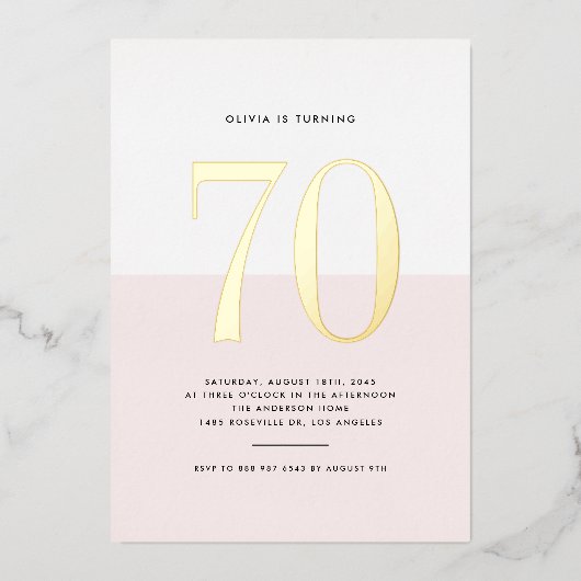 Modern Roze en Wit 70e verjaardag Gouden folie Folie Uitnodiging (Voorkant)