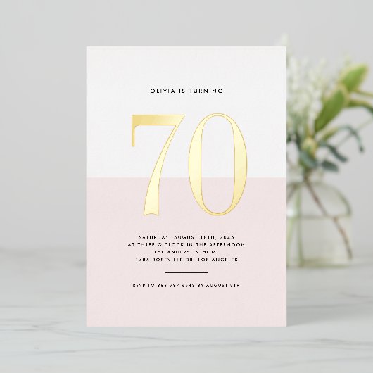Modern Roze en Wit 70e verjaardag Gouden folie Folie Uitnodiging (Staand Voorkant)