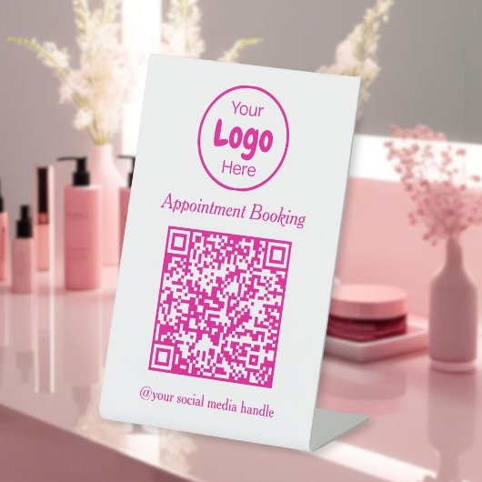 Modern Roze en Wit Afspraak Reserveren QR Code Reclamebord Met Voetstuk