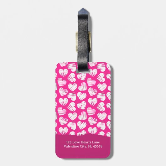Modern Roze en Wit Doodled Heart Valentijn Naam Bagagelabel (Achterkant verticaal)