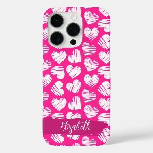 Modern Roze en Wit Doodled Heart Valentijn Naam Case-Mate iPhone Case (Achterkant)