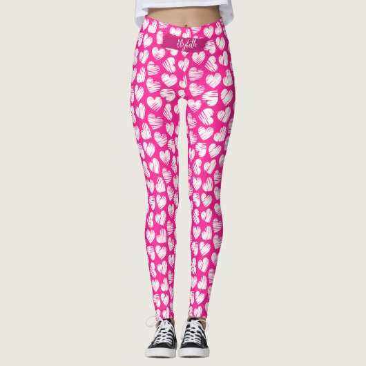 Modern Roze en Wit Doodled Heart Valentijn Naam Leggings (Voorkant)