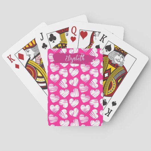 Modern Roze en Wit Doodled Heart Valentijn Naam Pokerkaarten (Achterkant)