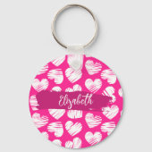 Modern Roze en Wit Doodled Heart Valentijn Naam Sleutelhanger (Voorkant)