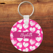 Modern Roze en Wit Doodled Heart Valentijn Naam Sleutelhanger (Voorkant)