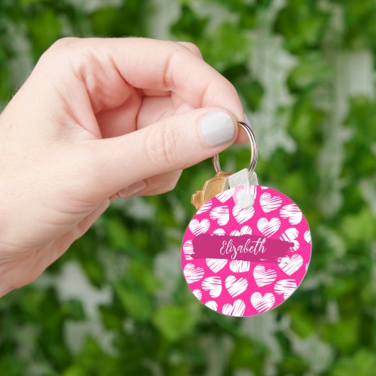 Modern Roze en Wit Doodled Heart Valentijn Naam Sleutelhanger (Hand)