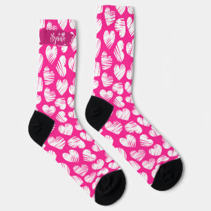 Modern Roze en Wit Doodled Heart Valentijn Naam Sokken