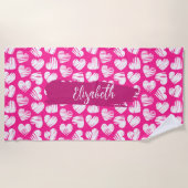 Modern Roze en Wit Doodled Heart Valentijn Naam Strandlaken (Voorkant)