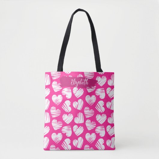 Modern Roze en Wit Doodled Heart Valentijn Naam Tote Bag (Voorkant)
