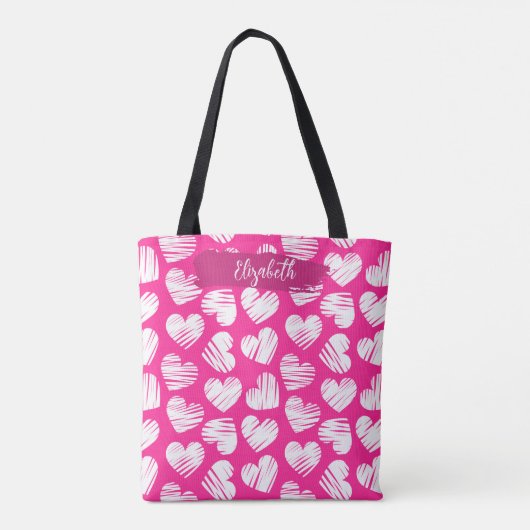 Modern Roze en Wit Doodled Heart Valentijn Naam Tote Bag (Achterkant)
