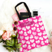 Modern Roze en Wit Doodled Heart Valentijn Naam Tote Bag