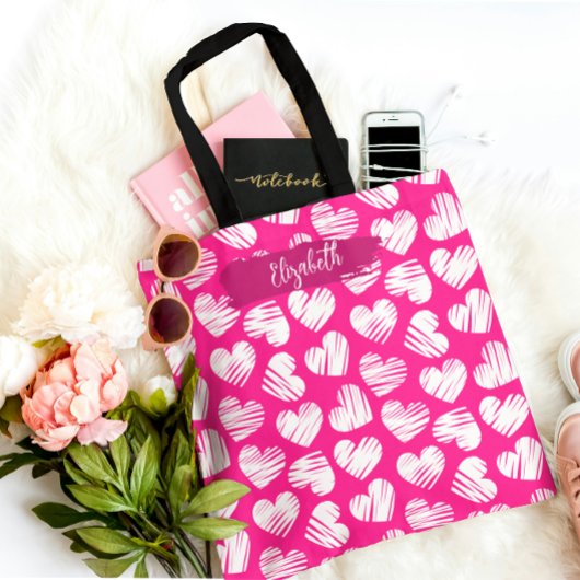 Modern Roze en Wit Doodled Heart Valentijn Naam Tote Bag