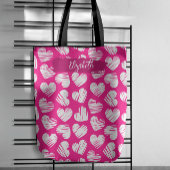 Modern Roze en Wit Doodled Heart Valentijn Naam Tote Bag