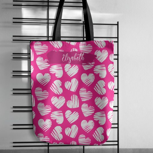 Modern Roze en Wit Doodled Heart Valentijn Naam Tote Bag