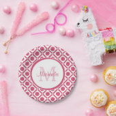 Modern roze en wit geometrisch monogram met naam papieren bordje (Feest)