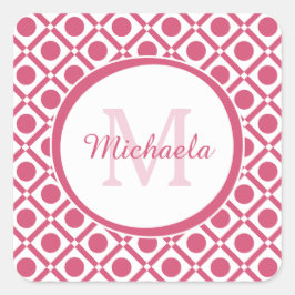 Modern roze en wit geometrisch monogram met naam vierkante sticker
