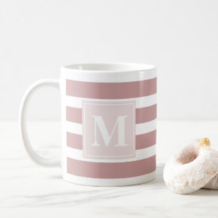 Modern roze en wit gestreept monogram koffiemok