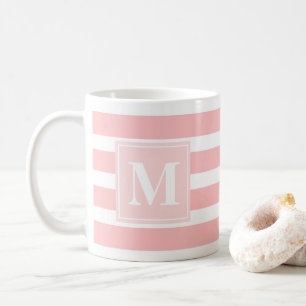 Modern roze en wit gestreept monogram koffiemok