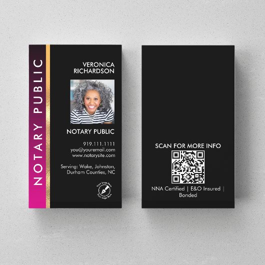 Modern roze en zwart Notaris QR Code Foto I.D. Visitekaartje