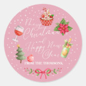 Modern Roze Feestelijk Vrolijk Kerstfeest en Nieuw Ronde Sticker (Voorkant)