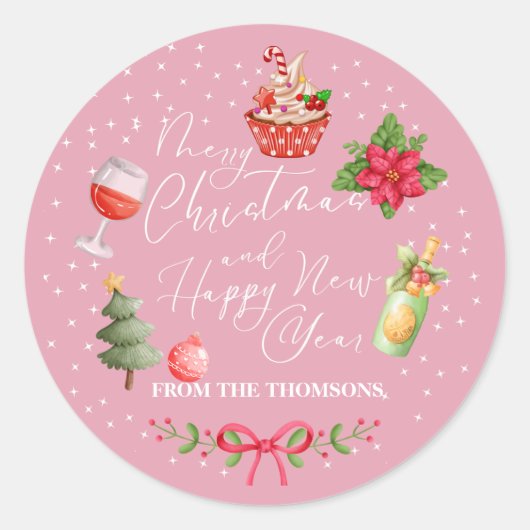Modern Roze Feestelijk Vrolijk Kerstfeest en Nieuw Ronde Sticker (Voorkant)