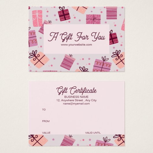 Modern roze feestelijke zakelijke cadeaubon visitekaartje (Voorkant /achterkant)