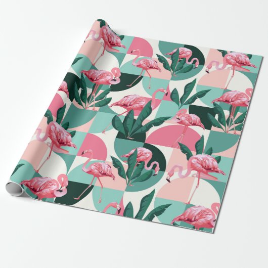 Modern roze flamingo Geometric Girly Chic Pattern Cadeaupapier (Uitgerold)