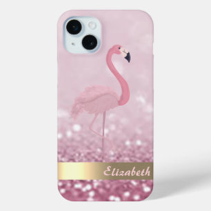 Modern roze flamingo Glitter Bokeh - Gepersonalise iPhone 15 Mini Hoesje