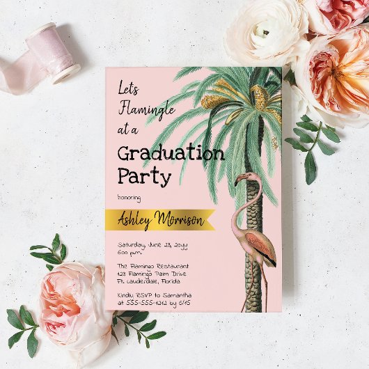 Modern Roze Flamingo Palm Afstudeerder Kaart