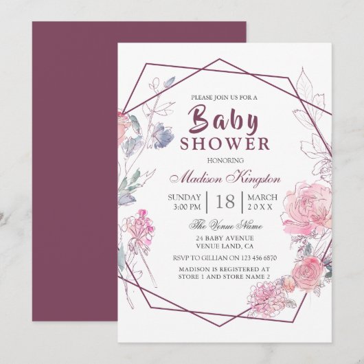 Modern roze Floral Geometric Baby shower Kaart (Voorkant / Achterkant)