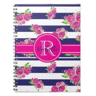 Modern roze Floral Navy Striped Stylish Monogram Notitieboek