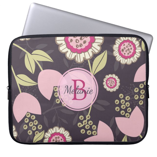 Modern roze Floral Tulip Patroon op maat Laptop Sleeve (Voorkant)
