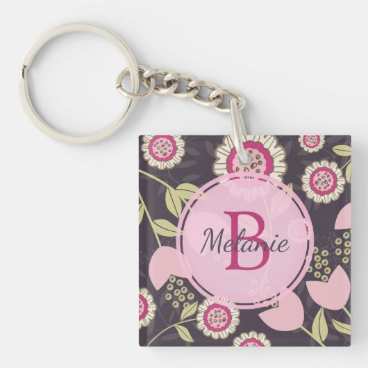 Modern roze Floral Tulip Patroon op maat Sleutelhanger (Voorkant)