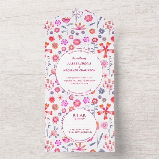 Modern roze flower garden boho Wedding All In One Uitnodiging (Binnen)