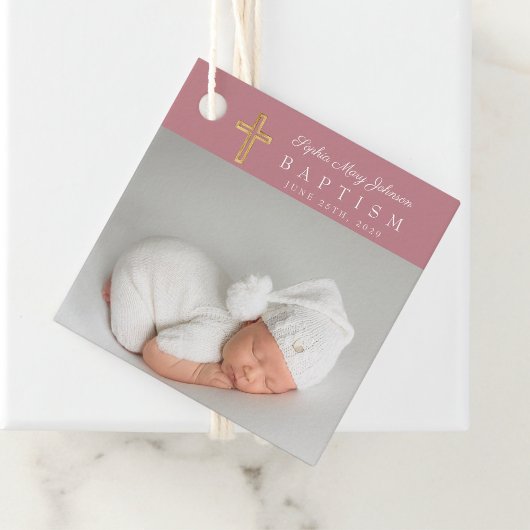 Modern roze foto meisje doop dank u bedankjes labels