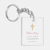 Modern roze foto meisje eerste communie sleutelhanger (Voorkant Links)