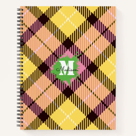Modern roze geel Tartan Aangepast monogram script Notitieboek