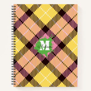 Modern roze geel Tartan Aangepast monogram script Notitieboek