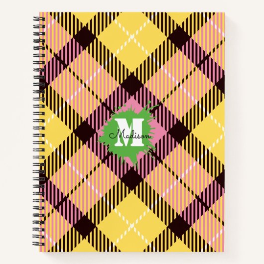 Modern roze geel Tartan Aangepast monogram script Notitieboek (Voorkant)