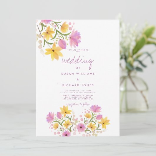 Modern roze geel waterverf bloemenbruiloft kaart (Staand voorkant)