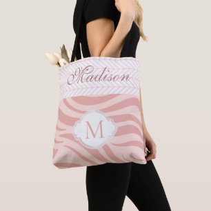 Modern roze Geometric Zebra Trendy Monogram Tote Bag