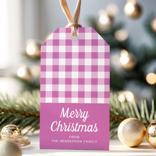 Modern roze geplakt vrolijk kerstfeest cadeaulabel