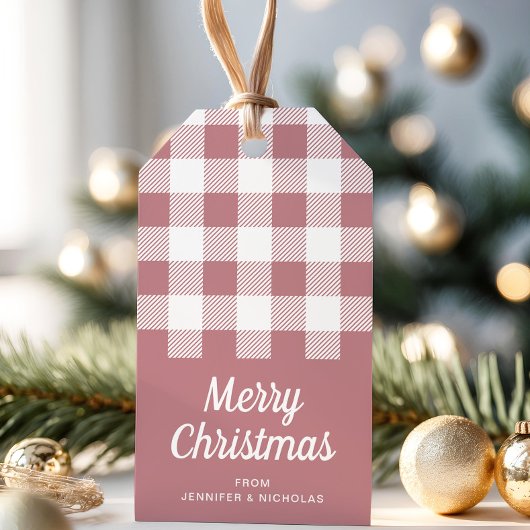 Modern roze geplakt vrolijk kerstfeest cadeaulabel