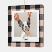 Modern roze geruite & naam en hondenfoto keramisch ornament (Links)